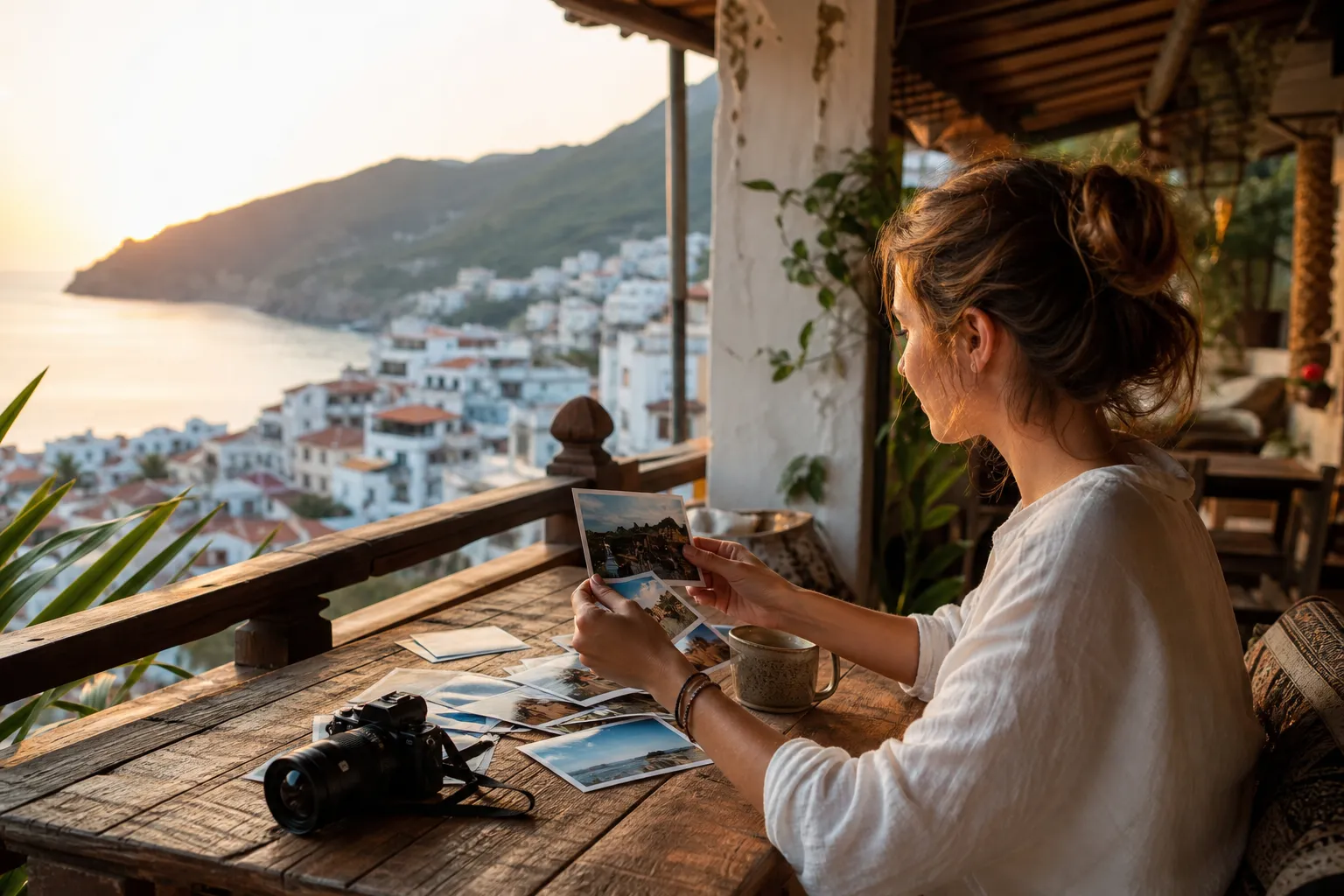 A traveler sorting travel photos on a balcony overlooking a coastal town, suggesting the process of geotagging and organizing trip memories