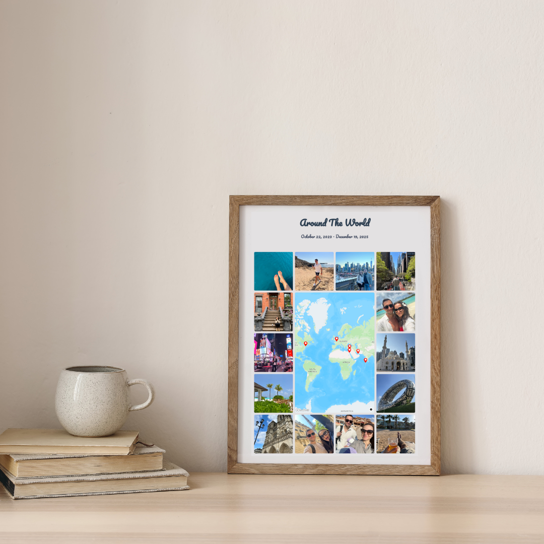 Beautiful framed travel photo collage with map centerpiece on a desk with books and coffee