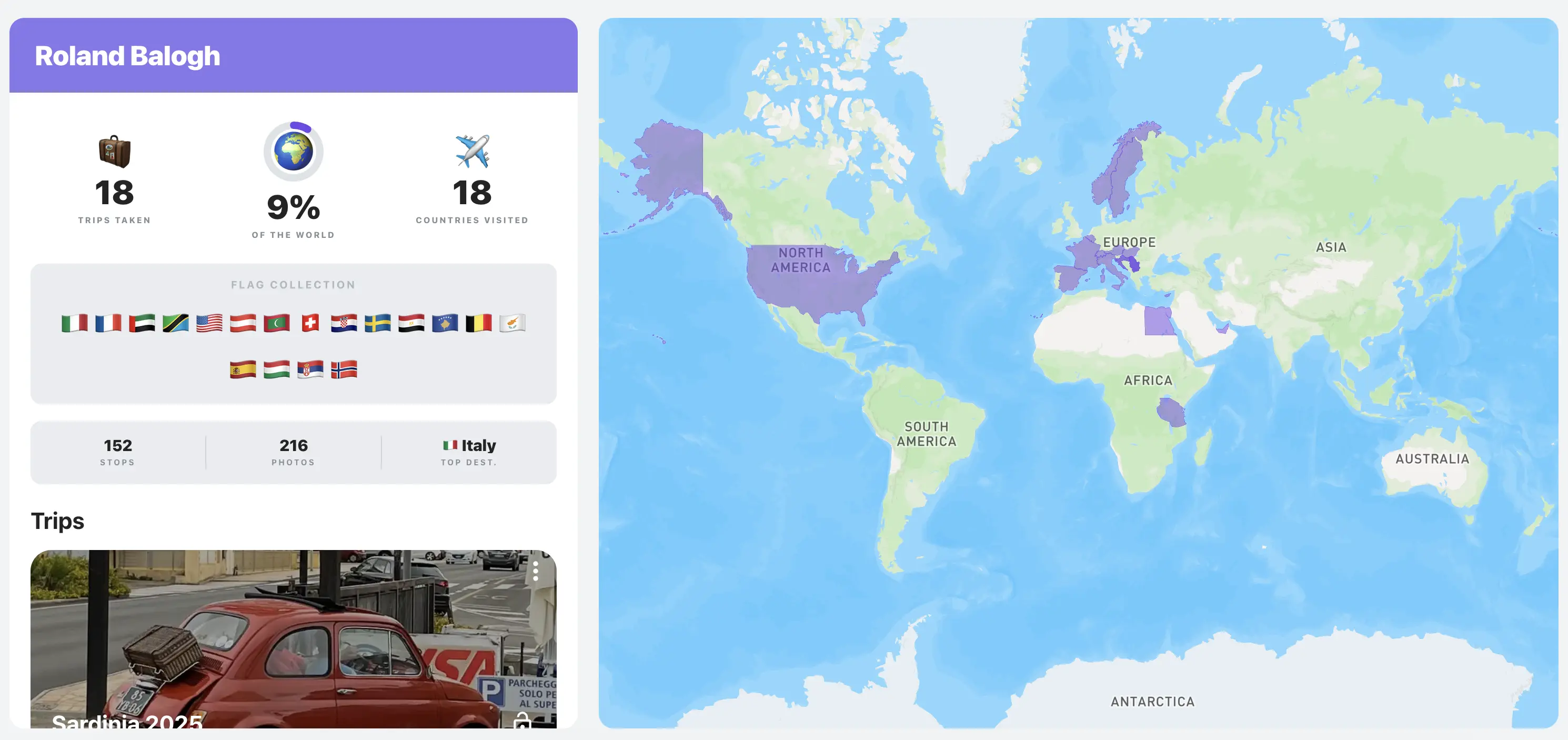 Mapstra travel map profile showing a world map with visited countries highlighted, travel stats, and flag collection